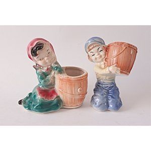 Pair of Royal Copley Girl and Boy with Barrel Vintage Planters Planter